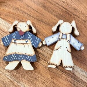 Pair of Vintage Wooden Folk Art Hand Tole Painted Bunnies Rabbits Country Decor